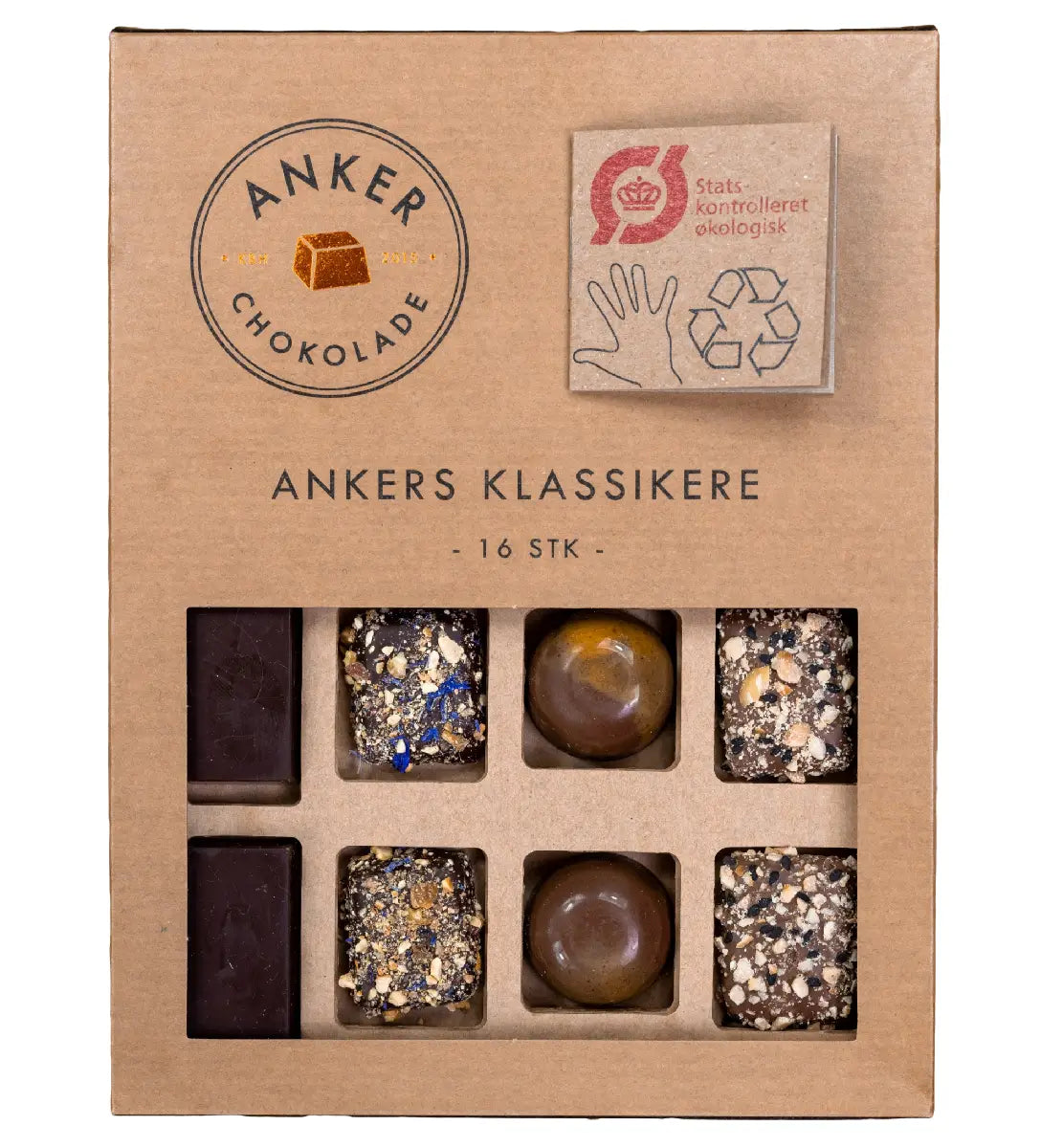 Anker Chokolade Ankers Klassikere ØKO 190 g – gaveæske med 16 fyldte chokolader (4 af hver) i fire varianter med skovsyre, lakrids, passionsfrugt og Piemonte-hasselnødder i hvid, mælke og mørk chokolade