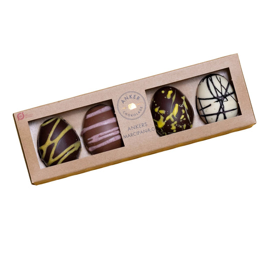 Anker Chokolade Ankers Marcipanæg 140 g – håndlavede marcipanæg i fire varianter med passionfrugt, rabarber og lime, lakrids samt Ecuador 70% mørk chokolade og Grand Cru hvid chokolade