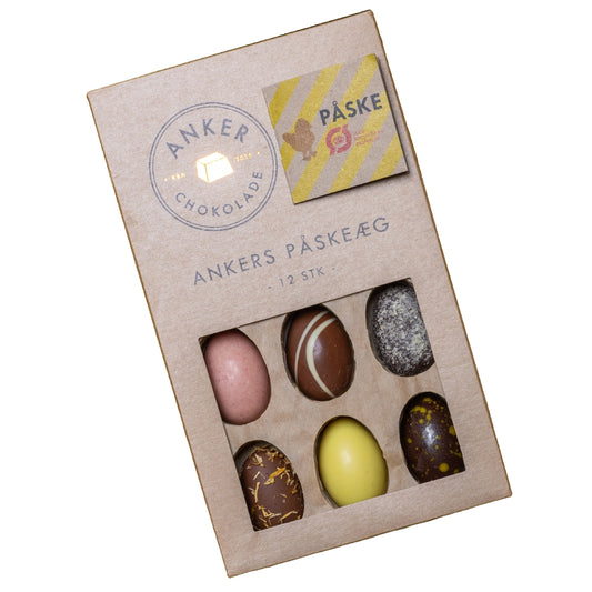 Anker Chokolade Ankers Påskeæg – æske med 12 assorterede påskeæg (2 af hver variant) i chokolade og marcipan, 140 g, gaveæske med farverige, håndlavede chokoladeæg
