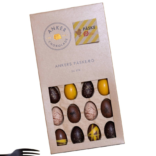 Anker Chokolade Ankers Påskeæg gaveæske med 24 fyldte påskeæg (4 af hver variant) med marcipan, nougat og karamel i hvid, mælke og mørk chokolade, 280 g