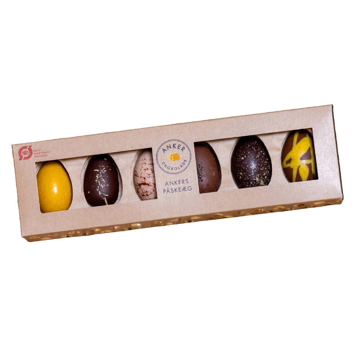 Anker Chokolade Ankers Påskeæg 80 g (6 stk) – håndlavet påskeæske med 6 varianter i hvid, mælke- og mørk chokolade med bl.a. citron og ingefær, marcipan og lakrids, solbær og balsamico, nougat og appelsin samt karamel og cashewnødder