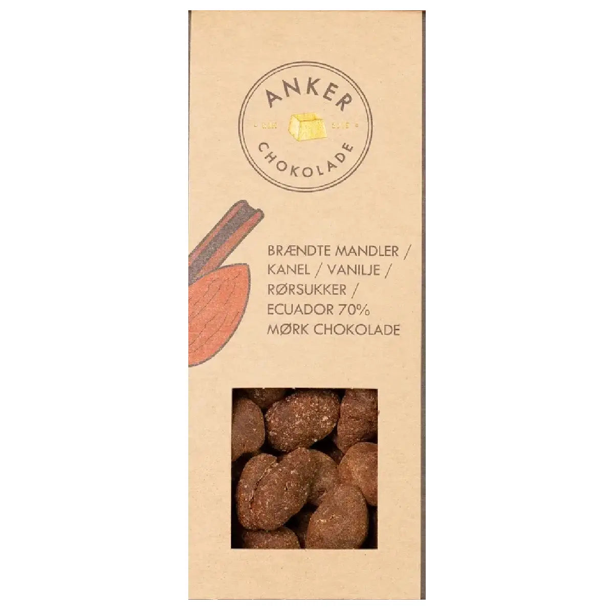 Anker Chokolade brændte mandler 100 g med kanel, vanilje og Ecuador 70 % mørk chokolade