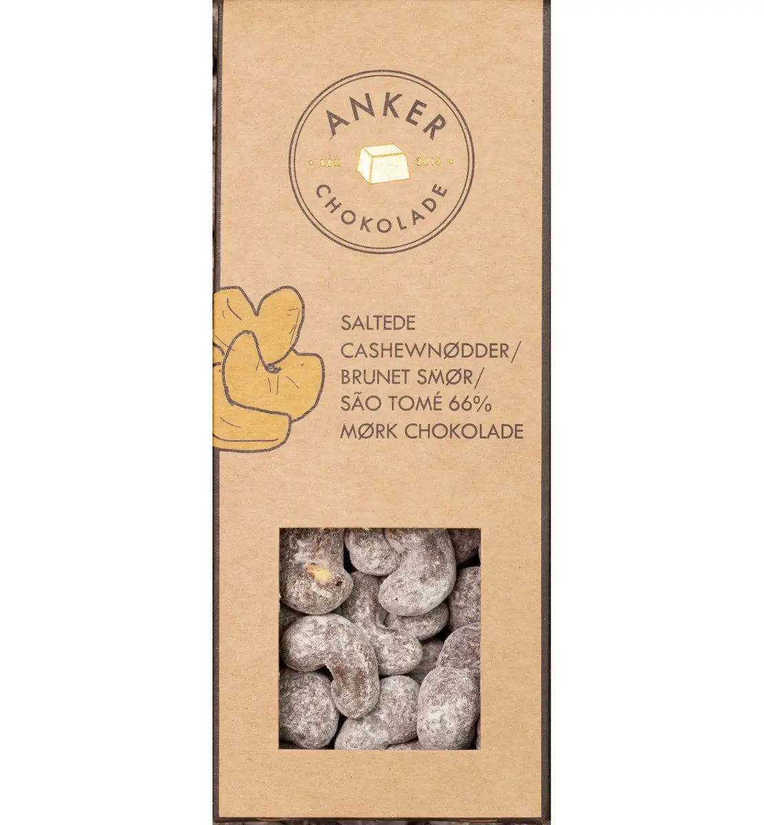 Anker Chokolade økologisk dragée 90 g – cashewnødder dragéeret med São Tomé 66% mørk chokolade, brunet smør og flormelis, sprød nøddekerne med intens kakaosmag, opbevares køligt