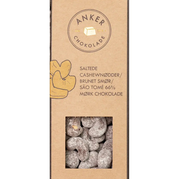 Anker Chokolade økologisk dragée 90 g – cashewnødder dragéeret med São Tomé 66% mørk chokolade, brunet smør og flormelis, sprød nøddekerne med intens kakaosmag, opbevares køligt