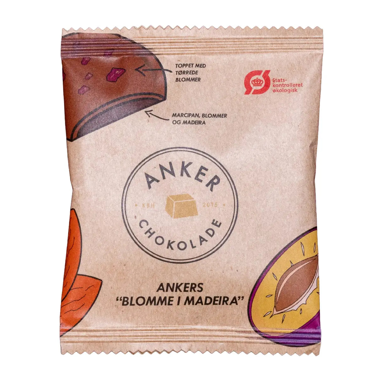 Anker Chokolade Flowpack Blomme i Madeira 35 g – marcipanbar med blomme og Madeira, overtrukket med 70% Ecuador mørk chokolade og toppet med kornblomst og tørrede blommer, individuelt pakket