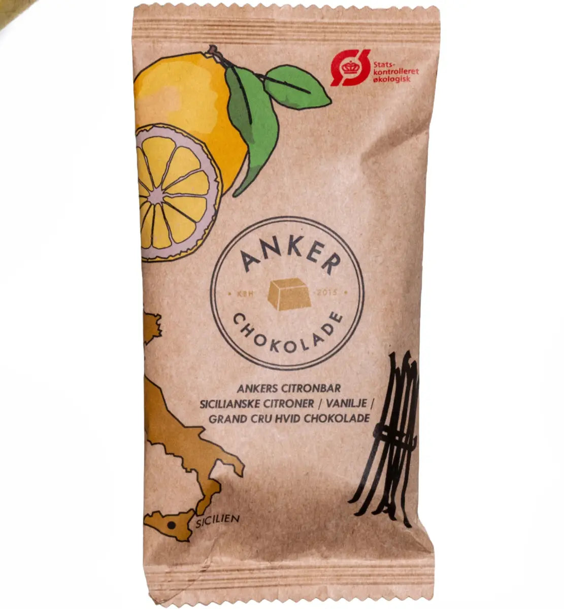 Anker Chokolade Flowpack Citronbar 24 g – marcipanbar med citron overtrukket med mørk chokolade, frisk citrussmag i praktisk flowpack, opbevares køligt