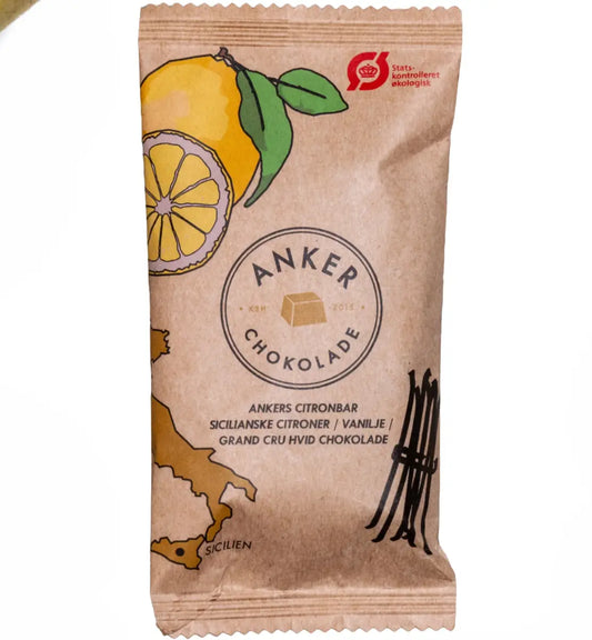 Anker Chokolade Flowpack Citronbar 24 g – marcipanbar med citron overtrukket med mørk chokolade, frisk citrussmag i praktisk flowpack, opbevares køligt