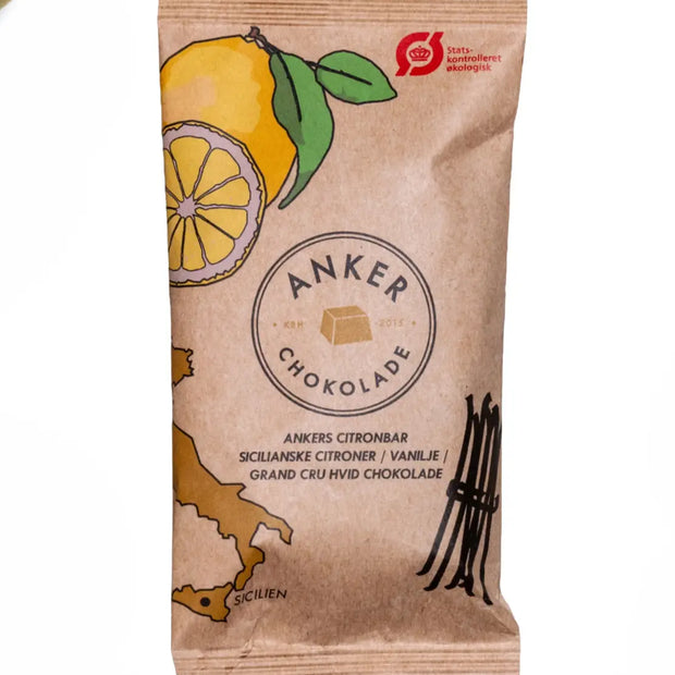 Anker Chokolade Flowpack Citronbar 24 g – marcipanbar med citron overtrukket med mørk chokolade, frisk citrussmag i praktisk flowpack, opbevares køligt