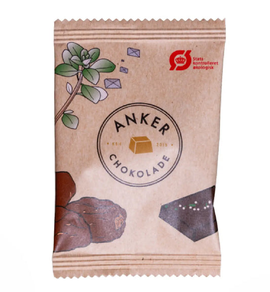 Anker Chokolade Flowpack Dadel 10 g – individuelt pakket chokolade med dadler, citrontimian og Læsø Sydesalt i São Tomé 66% mørk chokolade, lille snack til kaffe og gavekurv