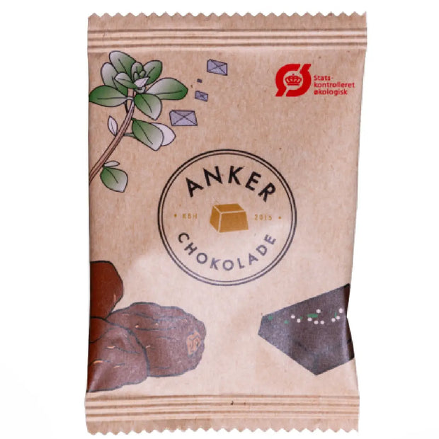 Anker Chokolade Flowpack Dadel 10 g – individuelt pakket chokolade med dadler, citrontimian og Læsø Sydesalt i São Tomé 66% mørk chokolade, lille snack til kaffe og gavekurv