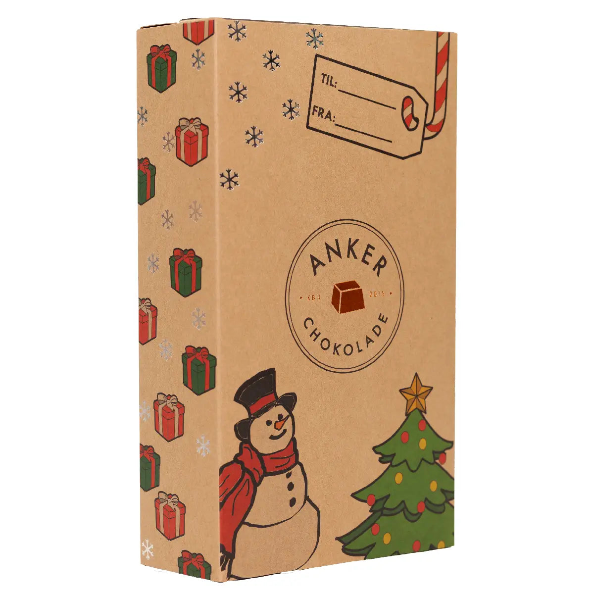 Anker Chokolade Julekalender Barn med 24 låger, børnevenligt juledesign med snemand, juletræ, gaver og til/fra-felt