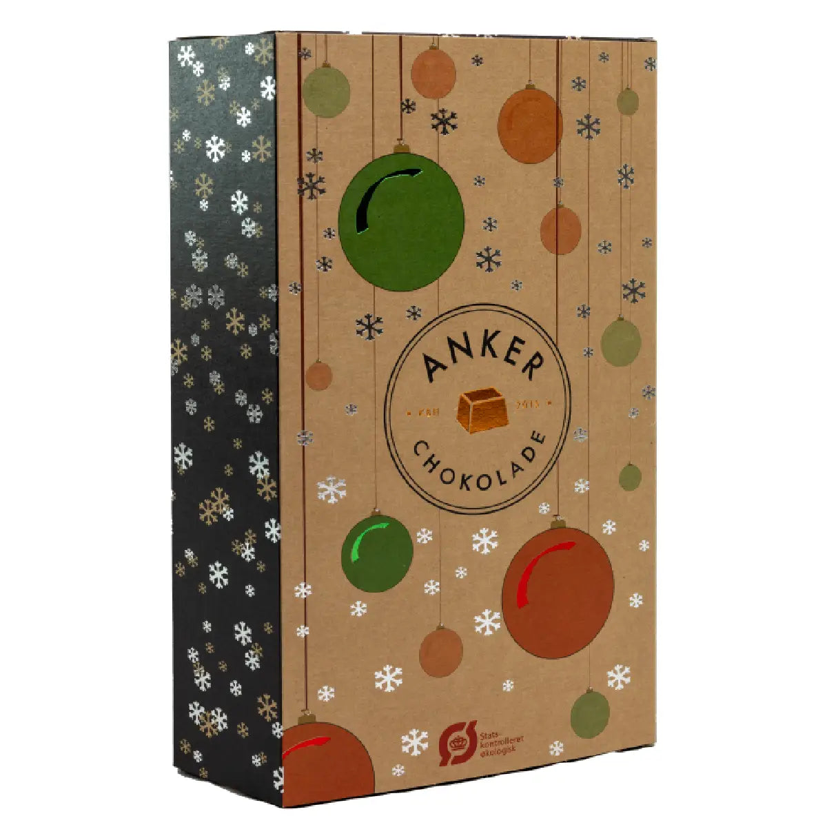 Anker Chokolade økologisk julekalender med 24 låger, elegant juledesign med julekugler, snefnug og chokoladeoverraskelser til december