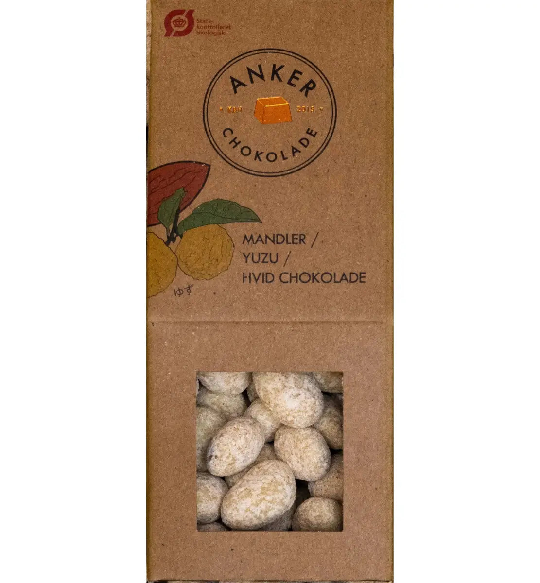 Anker Chokolade dragée 105 g med sprøde mandler overtrukket med hvid chokolade og yuzu – økologiske chokoladedragéer med cremet, citrusfrisk smagsprofil, opbevares køligt