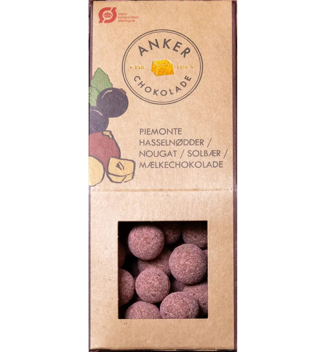 Anker Chokolade dragée 105 g med Piemonte hasselnødder, mælkechokolade og solbærpulver – økologiske chokoladedragéer med sprød nøddekerne, frugtig solbærnote og cremet chokolade