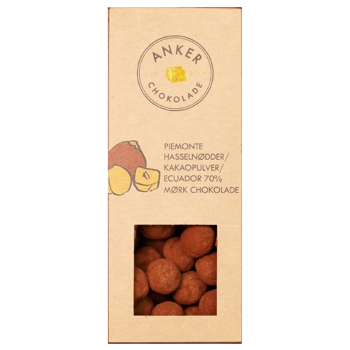 Anker Chokolade dragée 105 g med Piemonte hasselnødder overtrukket med Ecuador 70% mørk chokolade og kakaopulver – økologiske chokoladedragéer med intens kakaosmag