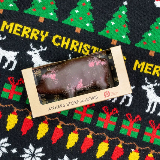 Stor Julegris fra Anker Chokolade – økologisk marcipangris overtrukket mørk chokolade 170 g