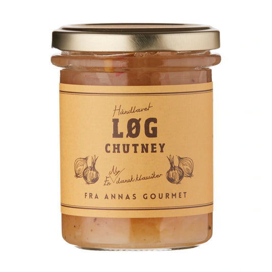 Annas Gourmet Løg Chutney 200 g – klassisk håndlavet løg- og æblechutney med langpeber, rund og aromatisk smag, perfekt som tilbehør til smørrebrød, kraftige oste, tapas, stegt kylling, laks samt som fyld i sandwich og burgers, produceret på Selleberg Herregård uden konserveringsmidler