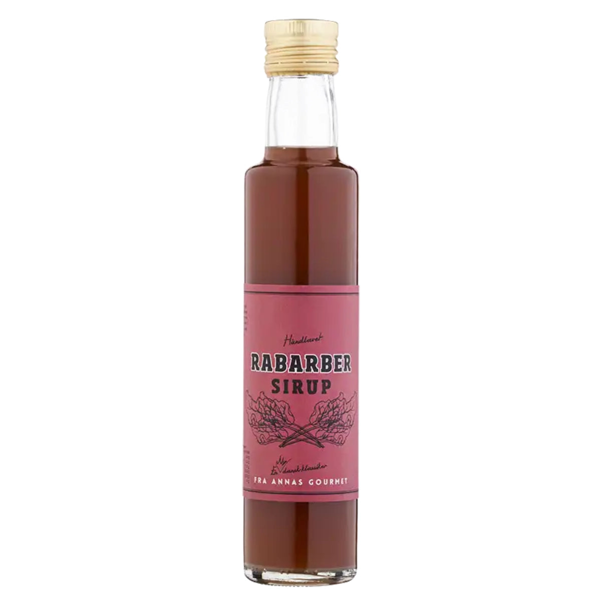 Annas Gourmet Rabarbersirup 250 ml – håndlavet sirup af inddampet rabarbersaft, nænsomt tilberedt i åbne gryder på gammeldags facon, perfekt som topping til frisk frugt, is, vafler og pandekager samt til chokolademousse, yoghurt og skyr