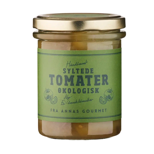 Annas Gourmet syltede grønne tomater økologiske 200 g – fynske grønne tomater syltet i eddike og sukker med hele nelliker, klassisk sød-syrlig tilbehør til smørrebrød, tapas, paté, pølsebord og ost, håndlavet uden konserveringsmidler