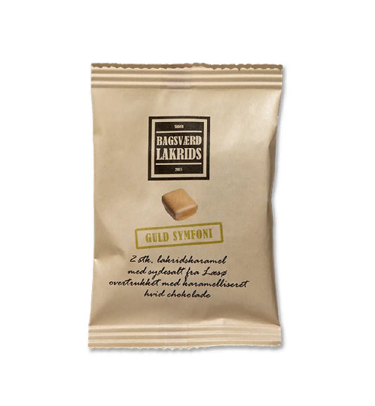 Bagsværd Lakrids Guld Symfoni Flowpack 10 g, håndlavet dansk salt lakrids overtrukket med Dulce karamelliseret hvid chokolade