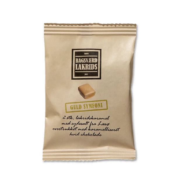 Bagsværd Lakrids Guld Symfoni Flowpack 10 g, håndlavet dansk salt lakrids overtrukket med Dulce karamelliseret hvid chokolade
