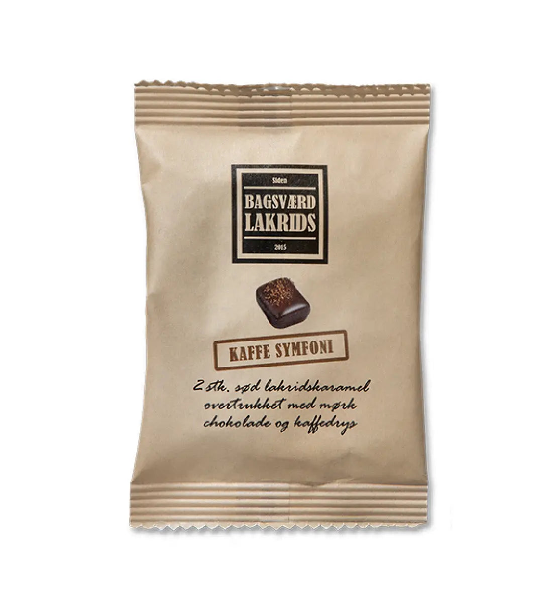 Bagsværd Lakrids Kaffe Symfoni Flowpack 10 g, håndlavet dansk sød lakrids overtrukket med mørk chokolade og pyntet med ristede kaffebønner