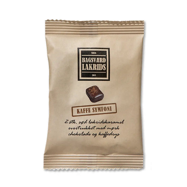 Bagsværd Lakrids Kaffe Symfoni Flowpack 10 g, håndlavet dansk sød lakrids overtrukket med mørk chokolade og pyntet med ristede kaffebønner
