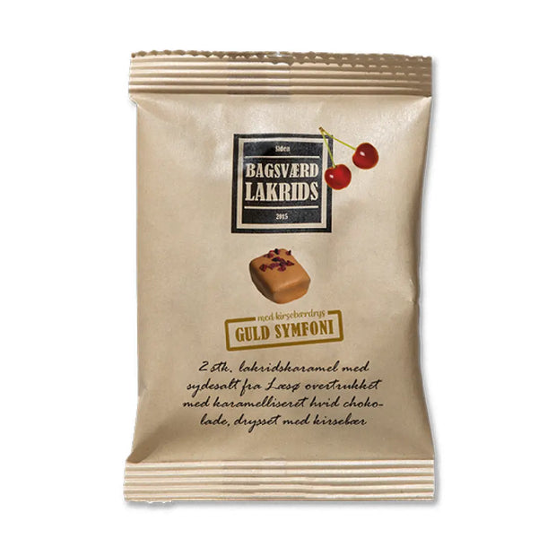 Bagsværd Lakrids Kirsebær Symfoni Flowpack 20 g, håndlavet dansk lakrids med chokolade og kirsebær i flowpack