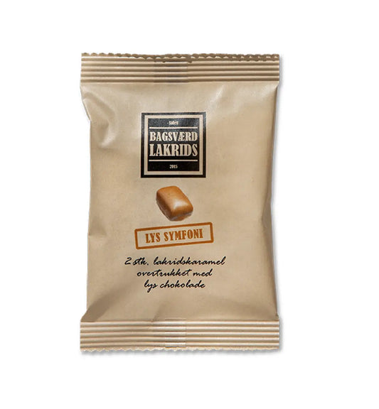 Bagsværd Lakrids Lys Symfoni Flowpack 10 g, håndlavet dansk lakrids overtrukket med lys chokolade, rålakrids, salmiak og havsalt