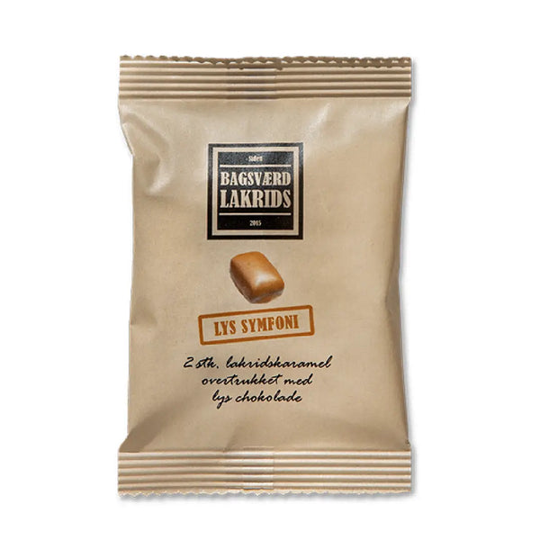 Bagsværd Lakrids Lys Symfoni Flowpack 10 g, håndlavet dansk lakrids overtrukket med lys chokolade, rålakrids, salmiak og havsalt