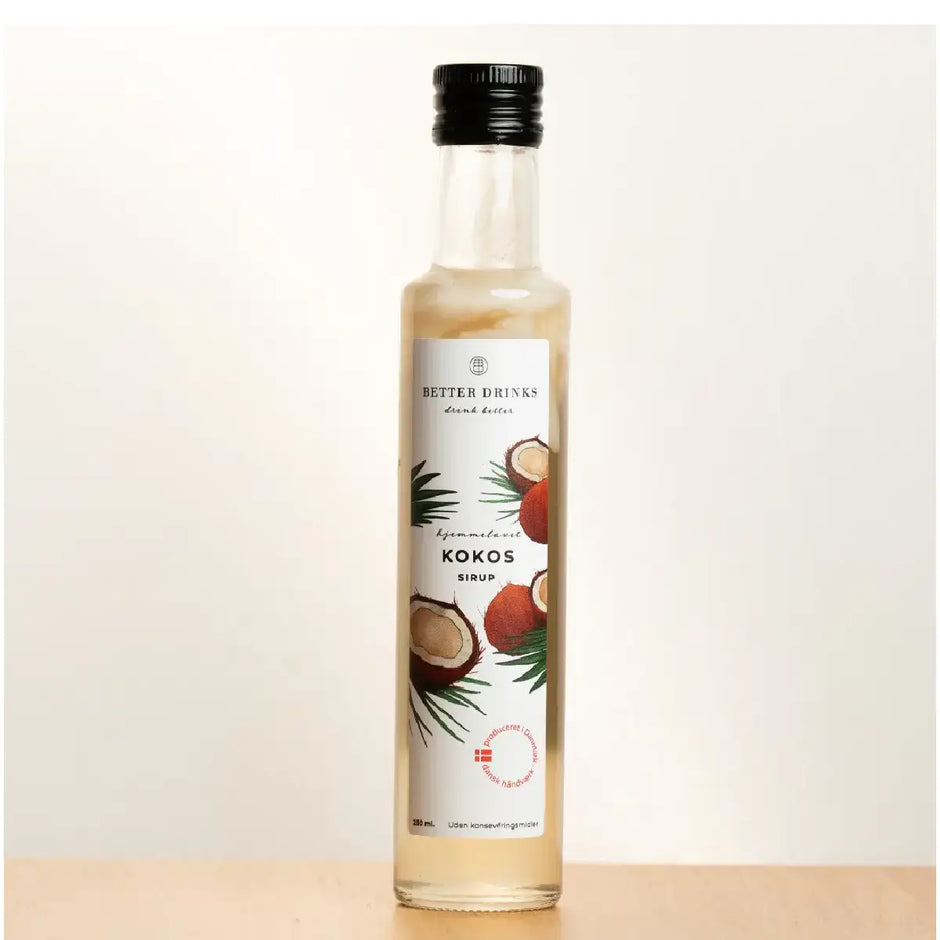 Better Drinks Kokos Sirup 25 cl – tropisk cocktailsirup med kokos, velegnet til Piña Colada, Painkiller og tiki-drinks, flaske med pant A