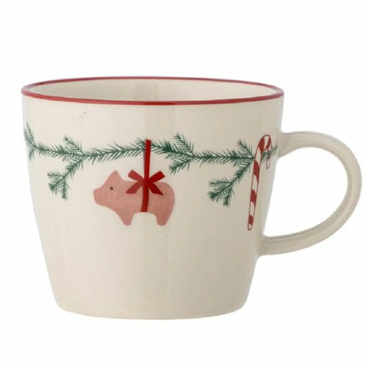 Bloomingville Yule krus natur i stentøj med grangrene gris og slikstok 38 cl