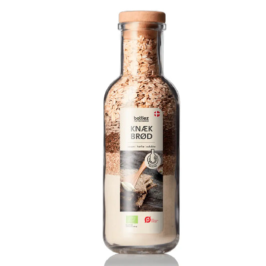 bottlez Knæk Brød, sprød knækbrødsblanding med hvedemel, hørfrø, sesamfrø, solsikkekerner og grove havregryn i 1 L glas, 675 g