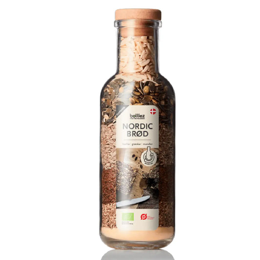 bottlez Nordic Brød, glutenfri brødblanding med solsikkekerner, græskarkerner, hørfrø, sesamfrø, majsmel og mandler i 1 L glas, 695 g