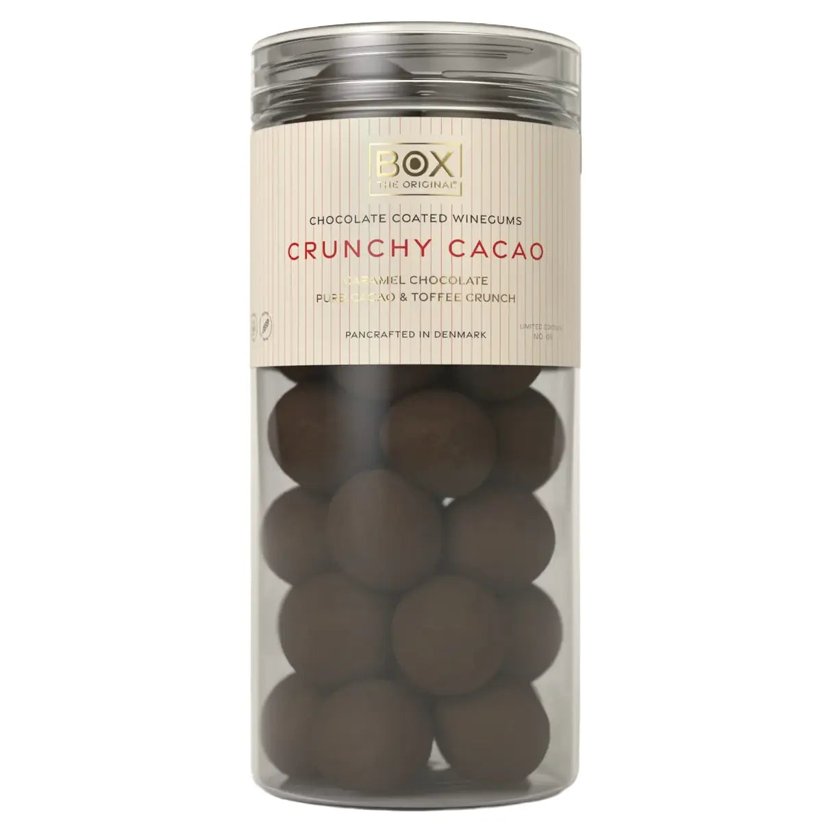 BOX The Original Crunchy Cacao 250 g med mango gourmetvingummi, karamelchokolade, karamelknas og kakao