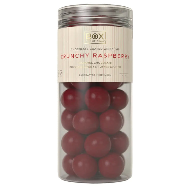 BOX The Original Crunchy Raspberry 250 g med hindbærvingummi, hvid chokolade og karamelknas