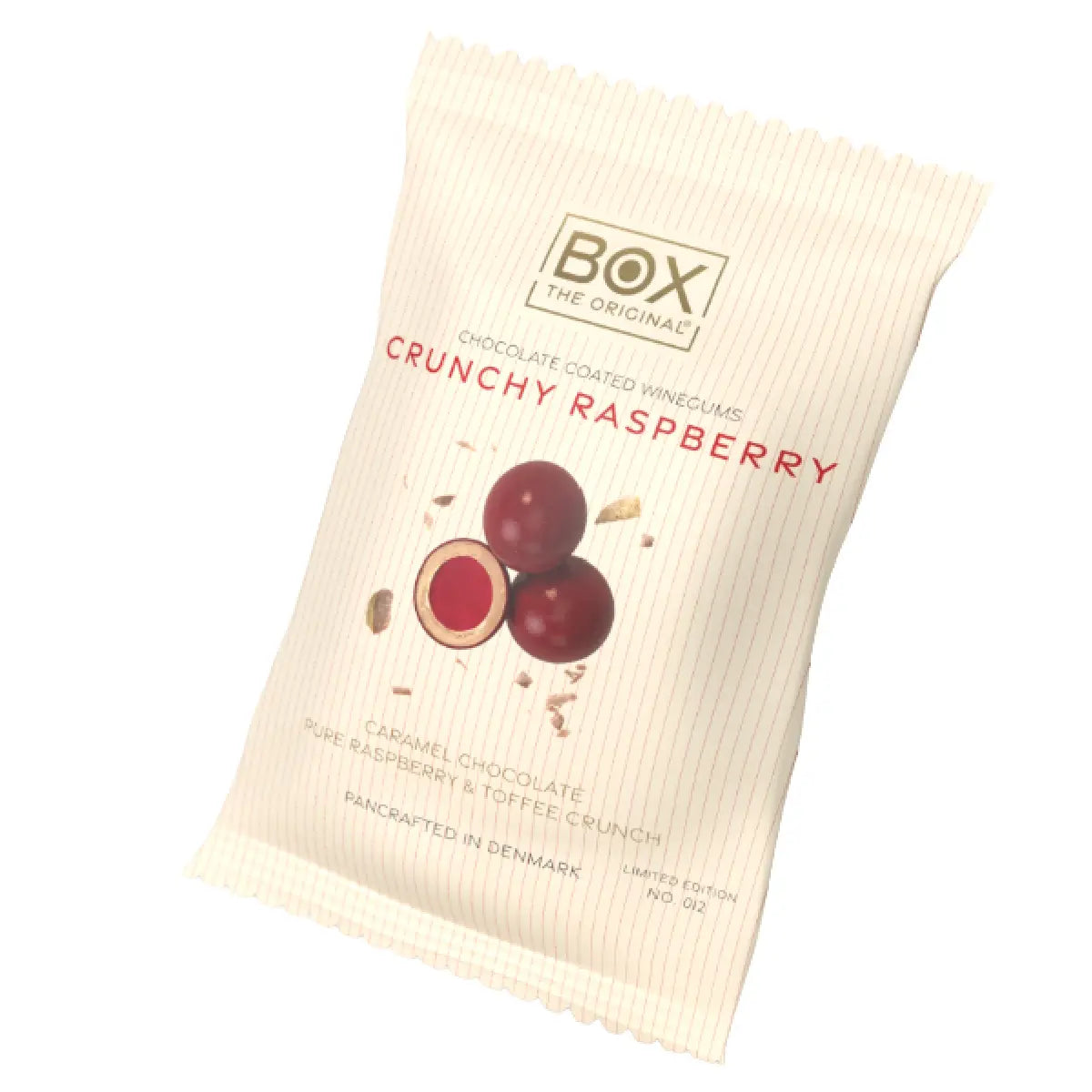 BOX The Original Crunchy Raspberry Snack Pack 70 g med hindbærvingummi, hvid chokolade og karamelknas