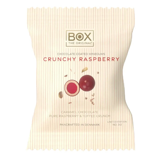 BOX The Original Crunchy Raspberry Two Pack 13 g med hindbærvingummi, hvid chokolade og karamelknas