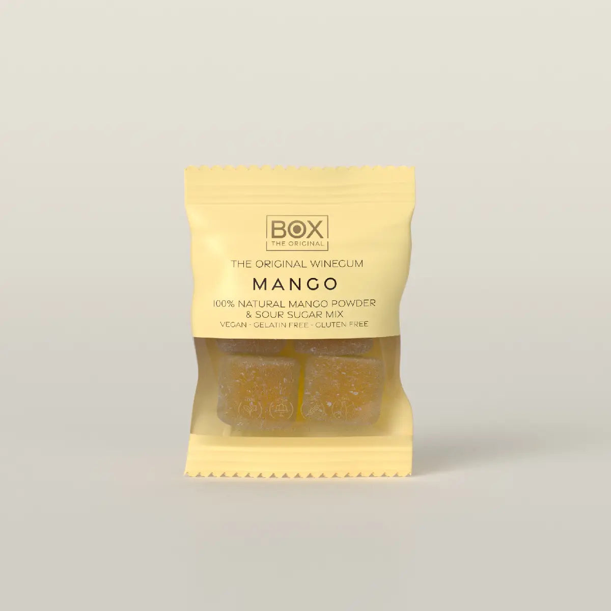 Box The Original Just The Winegum Mango 10 g med vegansk og gelatinefri mango-vingummi, sur sukkermix og frysetørret mangopulver