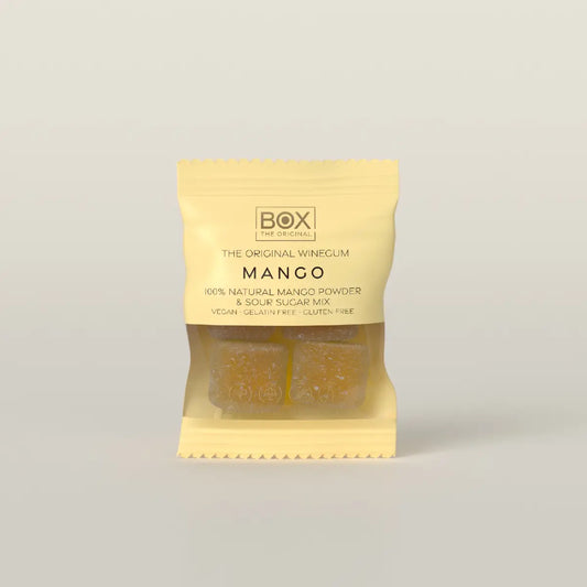 Box The Original Just The Winegum Mango 10 g med vegansk og gelatinefri mango-vingummi, sur sukkermix og frysetørret mangopulver