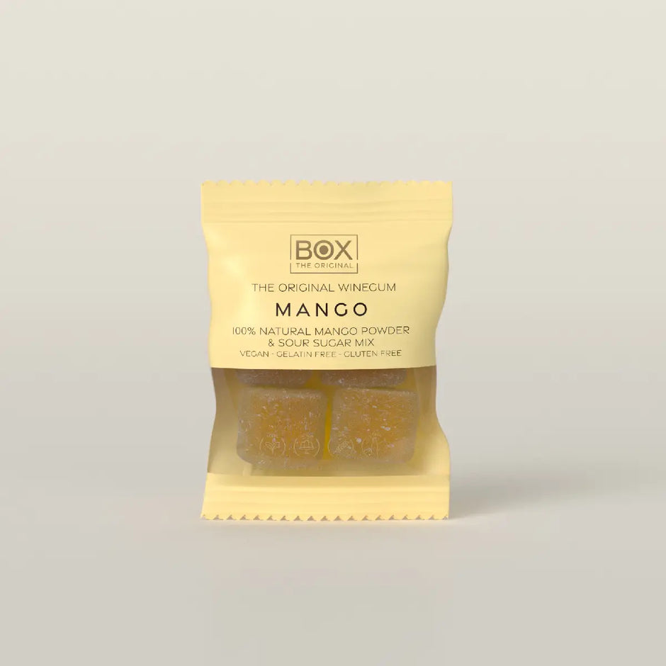 Box The Original Just The Winegum Mango 10 g med vegansk og gelatinefri mango-vingummi, sur sukkermix og frysetørret mangopulver