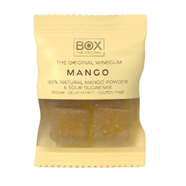 Box The Original Just The Winegum Mango 10 g med vegansk og gelatinefri mango-vingummi, sur sukkermix og frysetørret mangopulver
