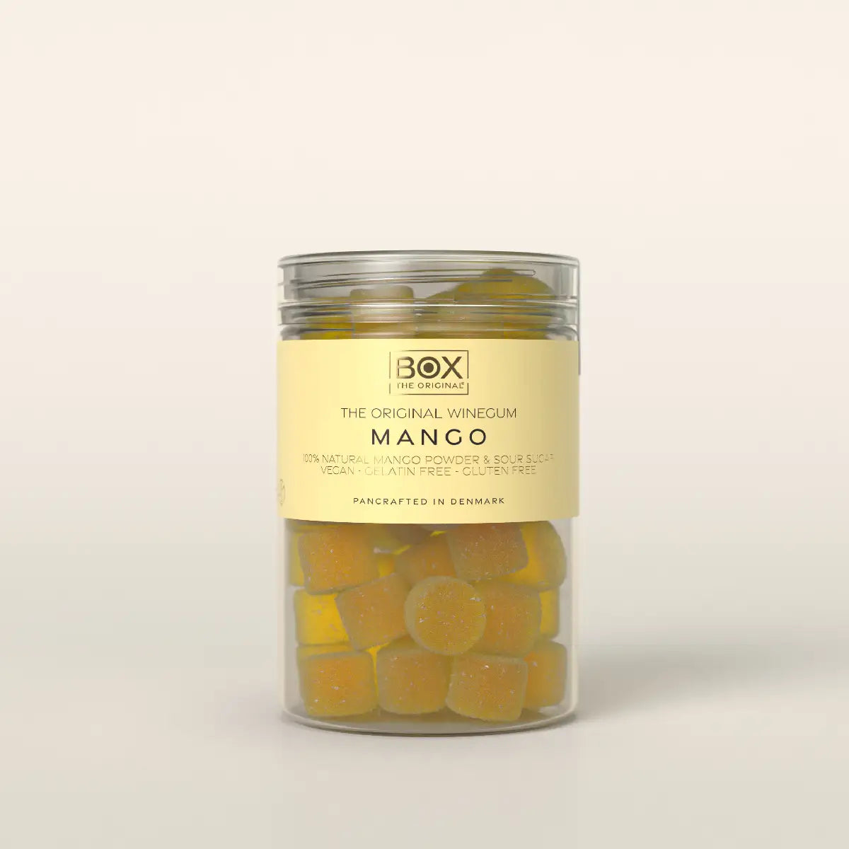 Box The Original Just The Winegum Mango Tube 170 g med vegansk og gelatinefri mango-vingummi, sur sukkermix og frysetørret mangopulver