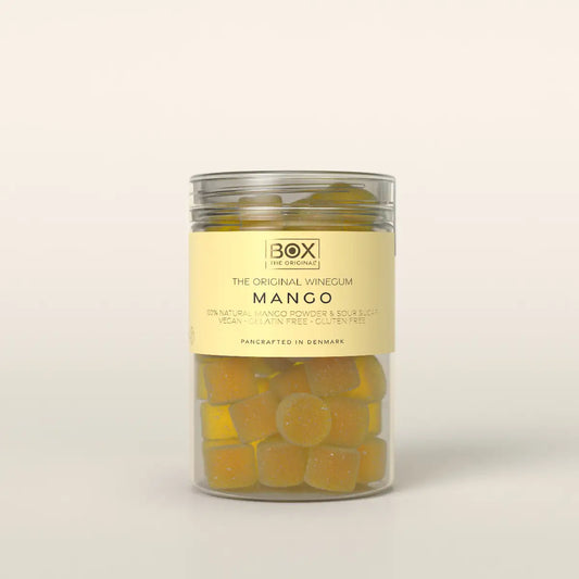 Box The Original Just The Winegum Mango Tube 170 g med vegansk og gelatinefri mango-vingummi, sur sukkermix og frysetørret mangopulver