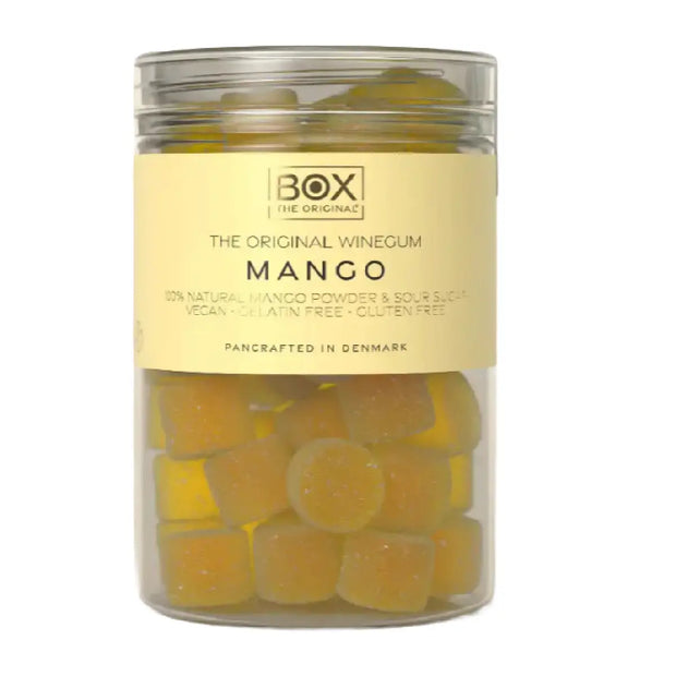 Box The Original Just The Winegum Mango Tube 170 g med vegansk og gelatinefri mango-vingummi, sur sukkermix og frysetørret mangopulver