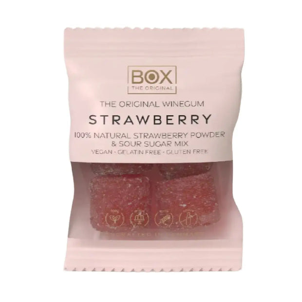Box The Original Just The Winegum Strawberry 10 g med vegansk og gelatinefri jordbær-vingummi, sur sukkermix og frysetørret jordbærpulver