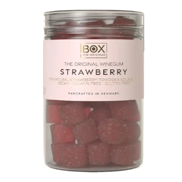 Box The Original Just The Winegum Strawberry Tube 170 g med vegansk og gelatinefri jordbær-vingummi, sur sukkermix og frysetørret jordbærpulver