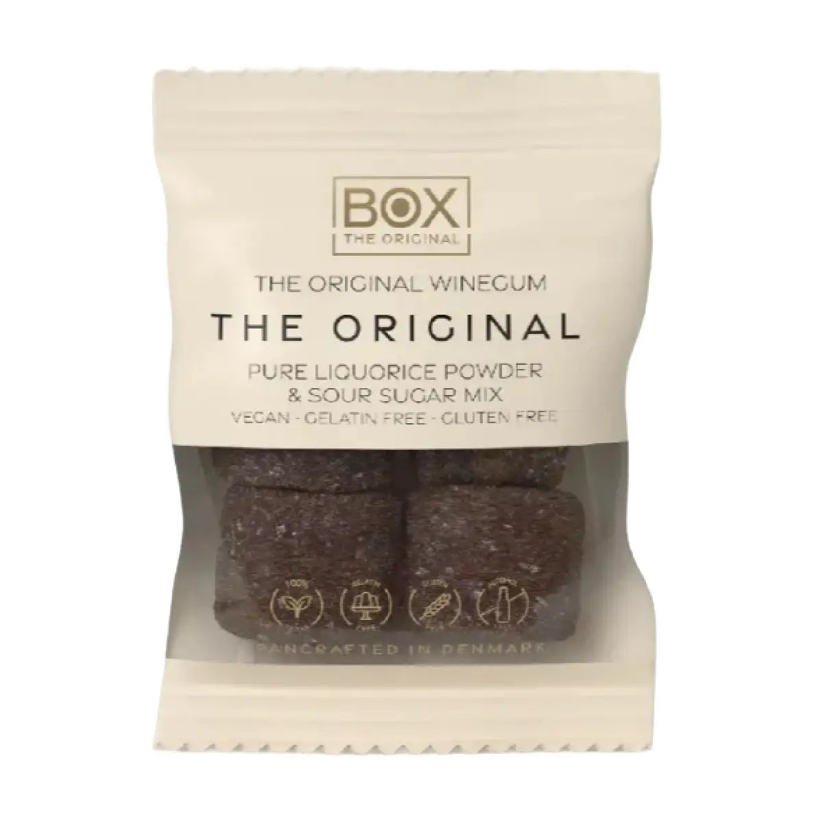 Box The Original Just The Winegum The Original 10 g med vegansk og gelatinefri skovbær-vingummi, sur sukkermix og lakridspulver