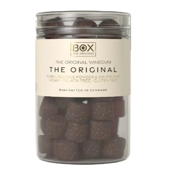 Box The Original Just The Winegum The Original Tube 170 g med vegansk og gelatinefri skovbær-vingummi, sur sukkermix og lakridspulver