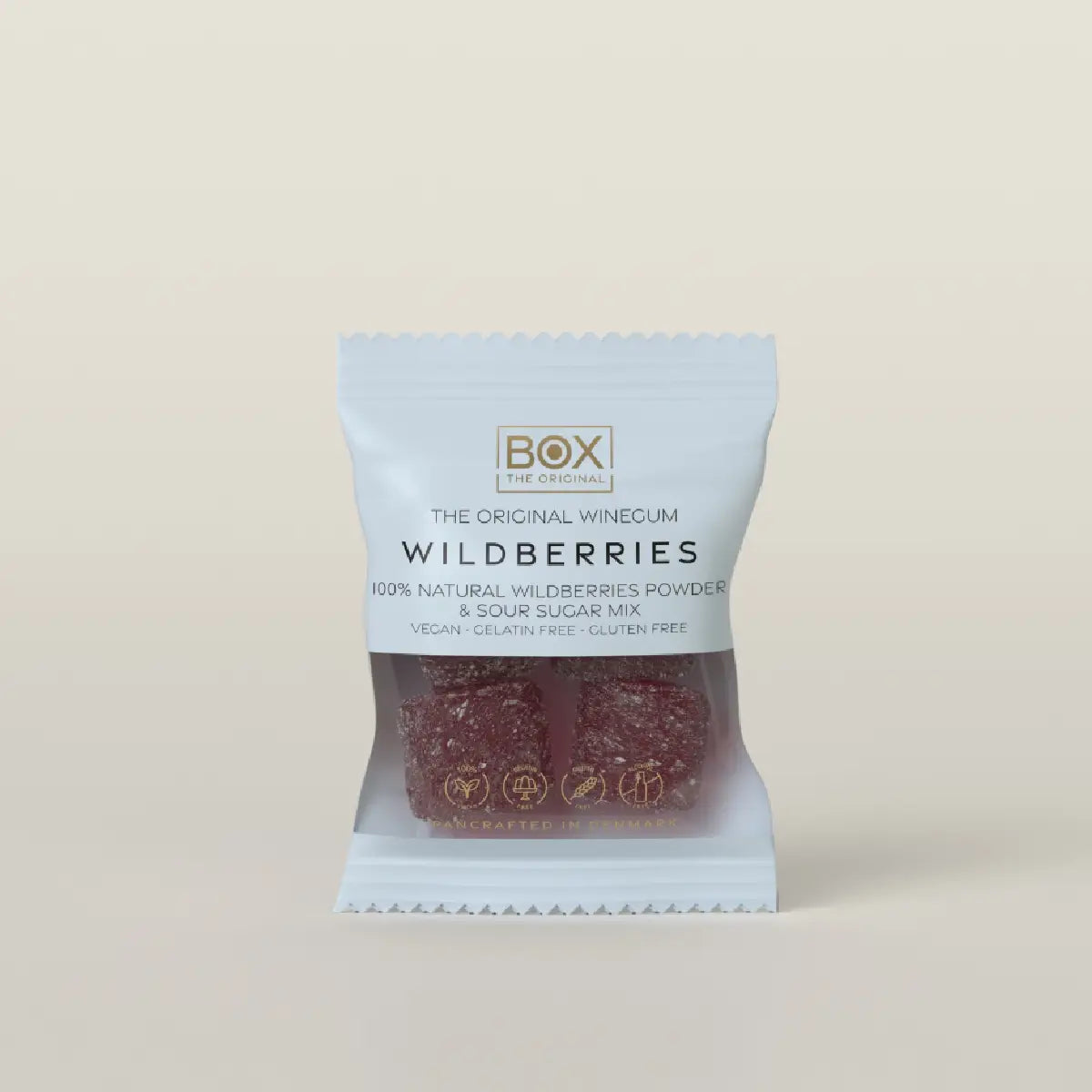 Box The Original Just The Winegum Wild Berries 10 g med vegansk og gelatinefri skovbær-vingummi, sur sukkermix og frysetørret bærpulver